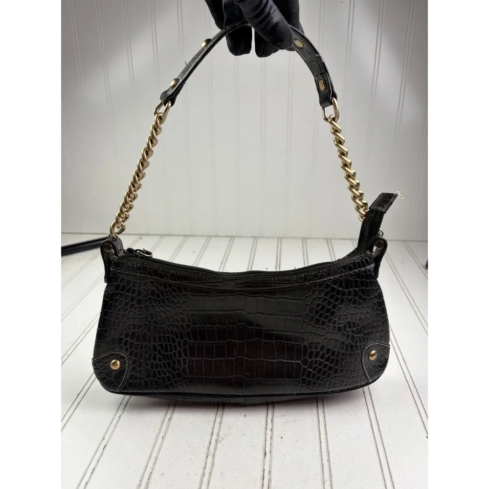 Nine West Vintage Y2K Black Croc Embossed Leather Chic Shoulder Bag Purse